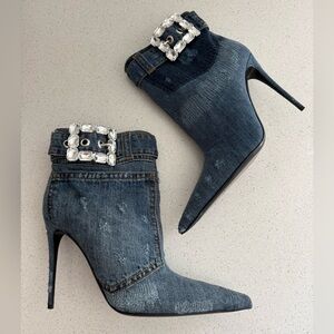 DOLCE & GABBANA Denim Patchwork DGLogo Rhinestone Buck Ankle Boots EU 40